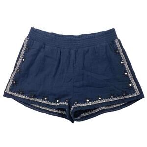 Miami Navy Blue Embroidered Sequin Rhinestone Floral Print Cotton Shorts Size S